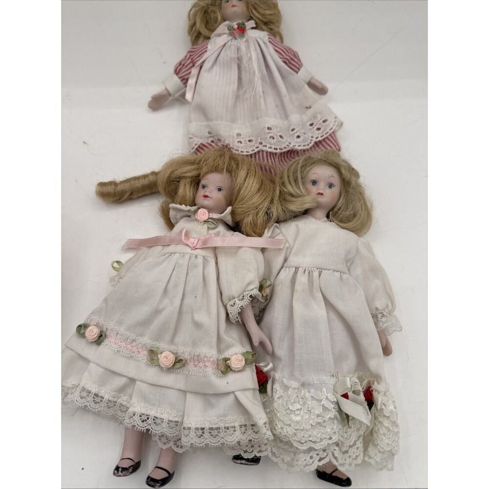 Vintage Porcelain Dolls 8 Inches French Girls In Dresses Lot Of 3
